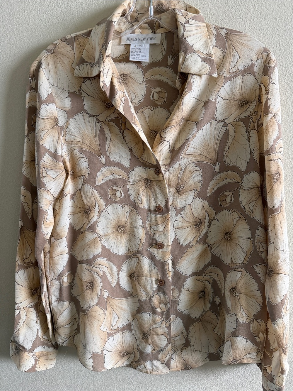 Jones New York Taupe and Cream Floral Button-Down Silk Shirt